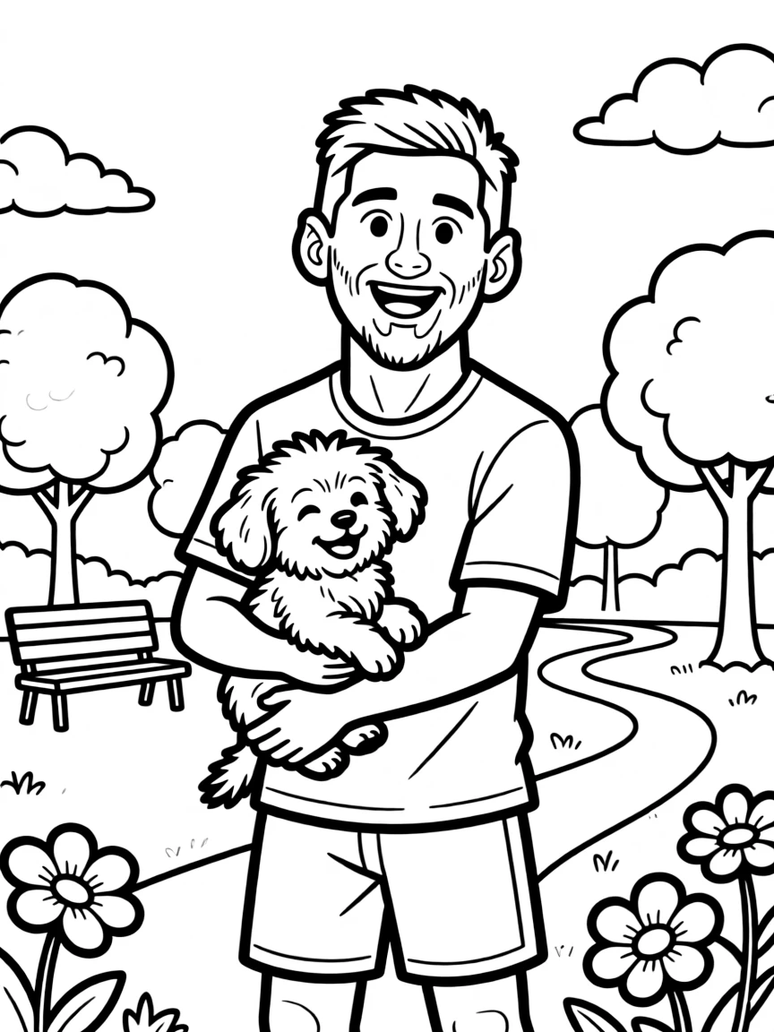 Lionel Messi smiling and holding a puppy with a park background – a fun and kid-friendly coloring page.