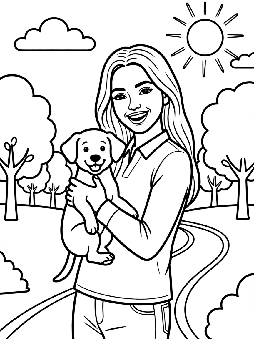 Camila Cabello smiling and holding a puppy with a park background – a fun and kid-friendly coloring page.