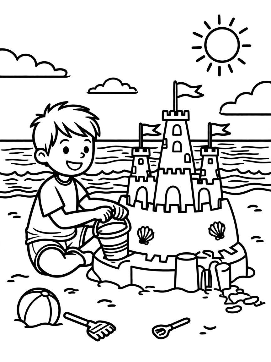 Neymar Jr. building a sandcastle at the beach – a fun and kid-friendly coloring page.