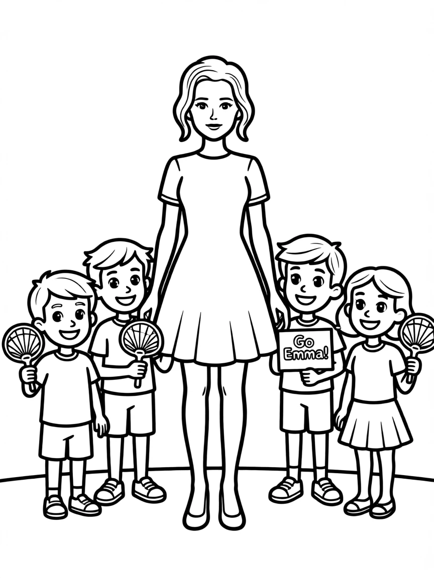 Emma Stone posing with cartoon versions of their fans – a fun and kid-friendly coloring page.