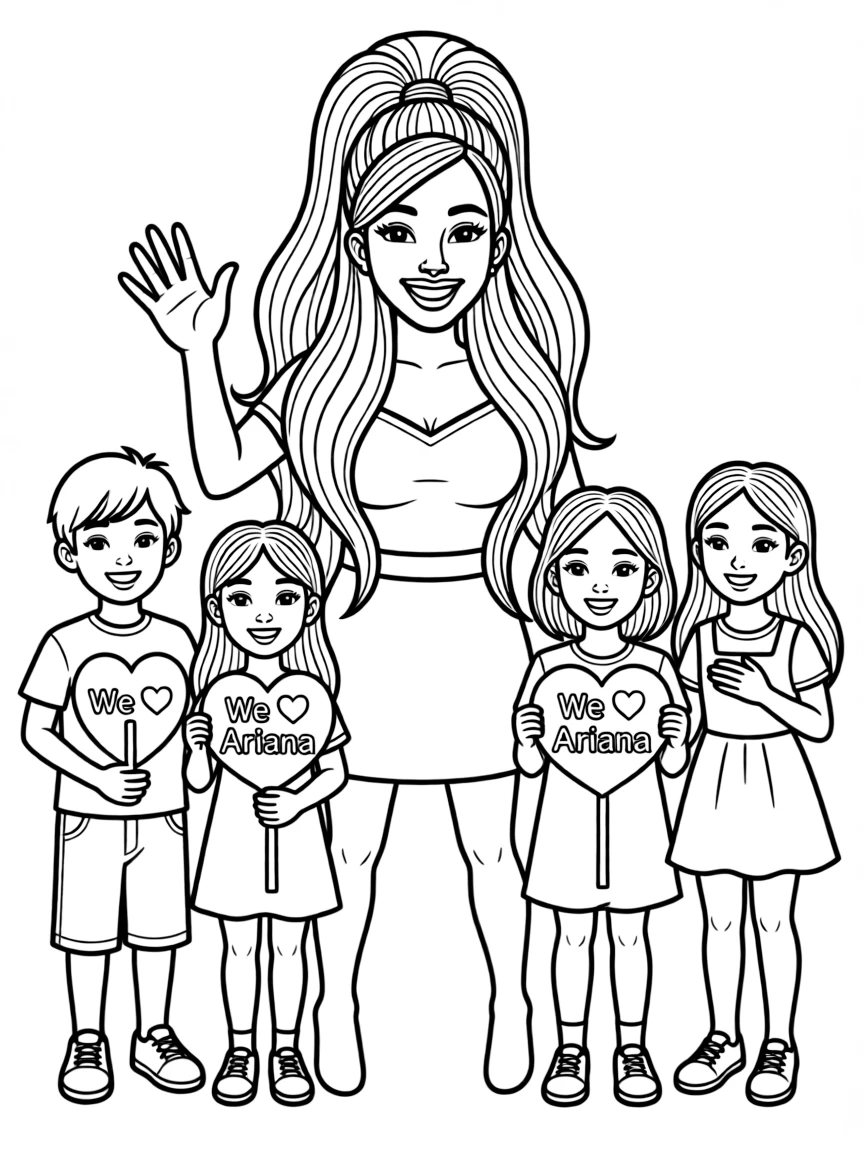 Ariana Grande posing with cartoon versions of their fans – a fun and kid-friendly coloring page.