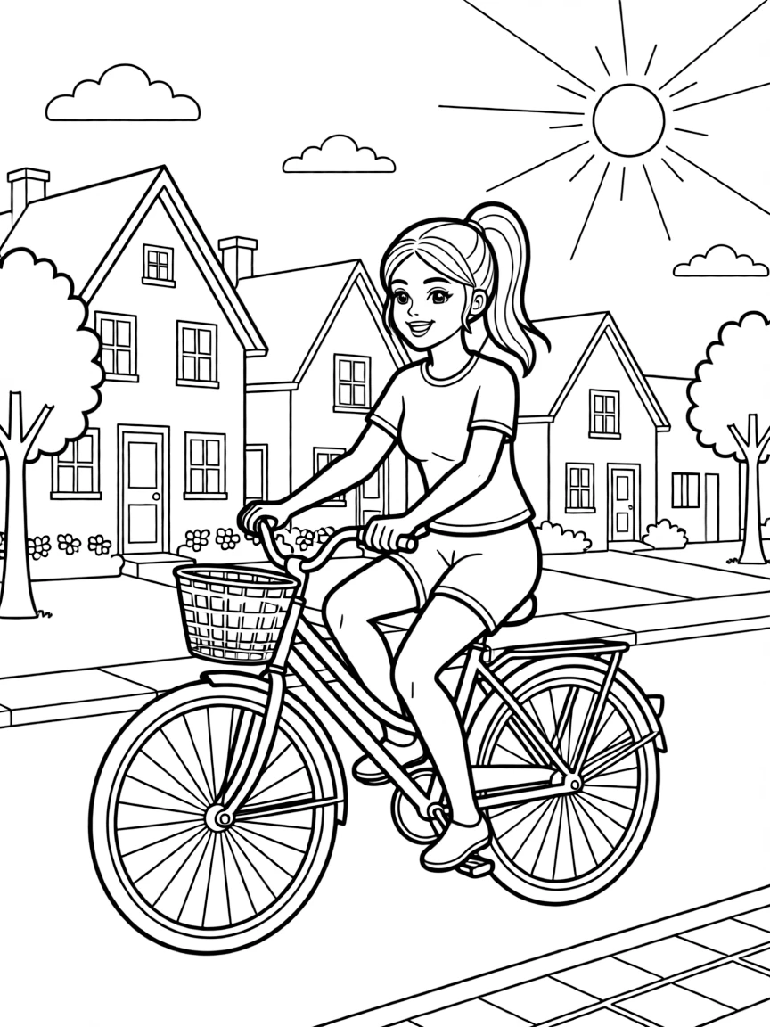 Kylie Jenner riding a bicycle through a sunny neighborhood – a fun and kid-friendly coloring page.