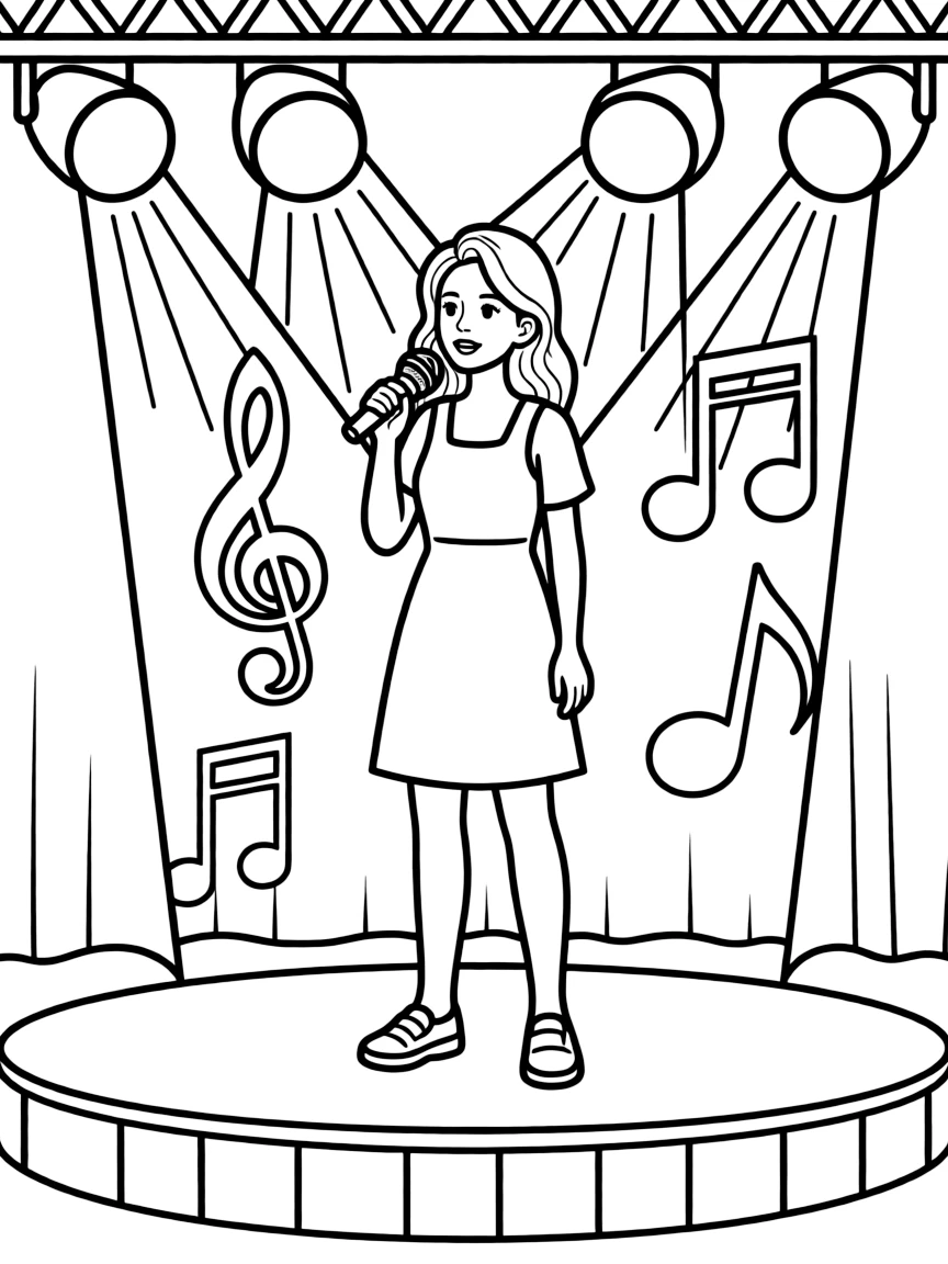 Dua Lipa singing on a big concert stage with musical notes and lights – a fun and kid-friendly coloring page.