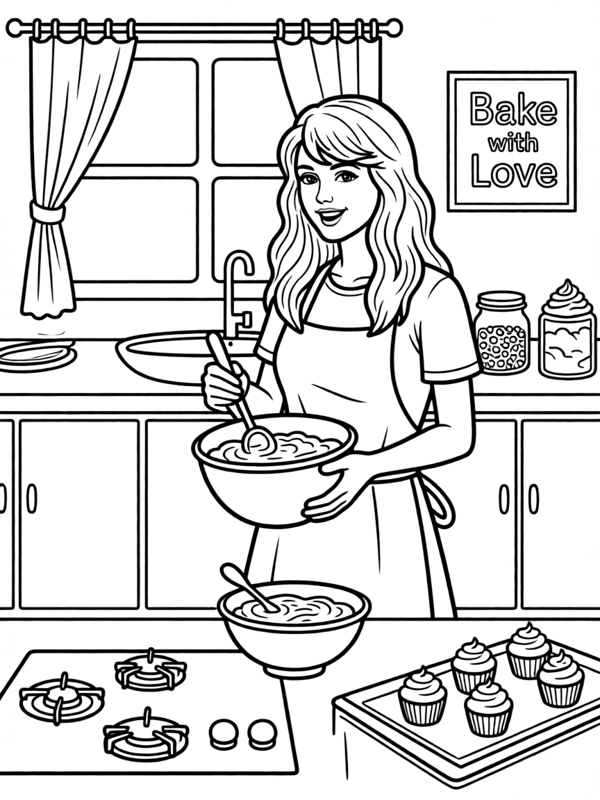 Taylor Swift baking cupcakes in a colorful kitchen – a fun and kid-friendly coloring page.