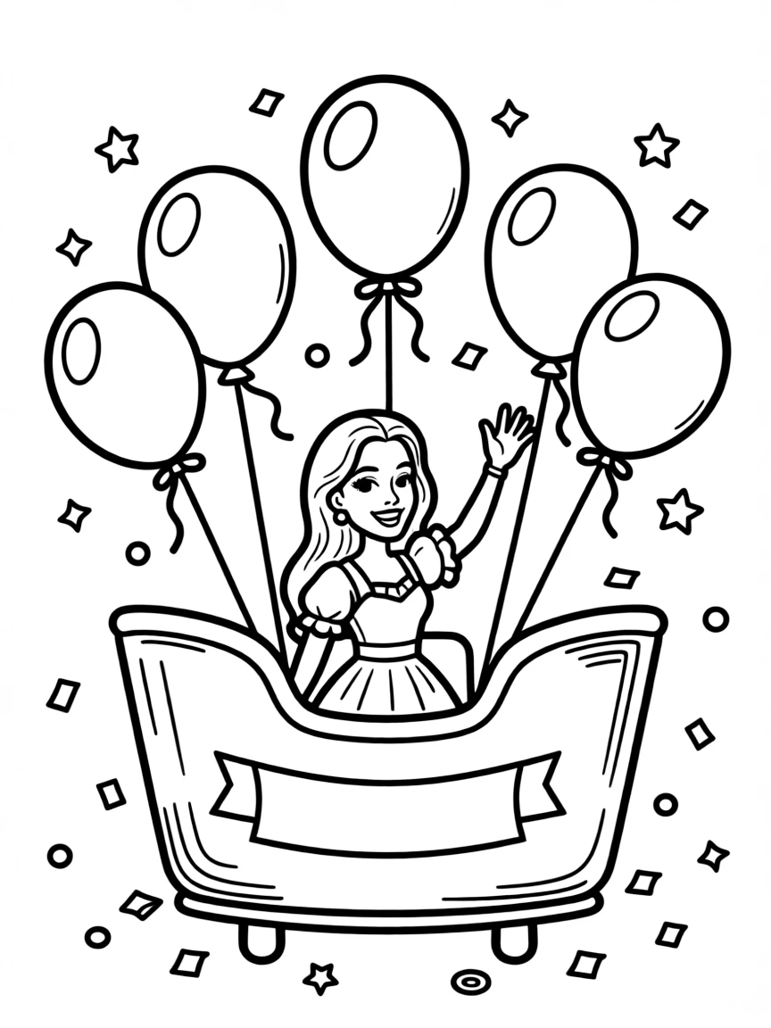 Angelina Jolie waving from a parade float with balloons and confetti – a fun and kid-friendly coloring page.