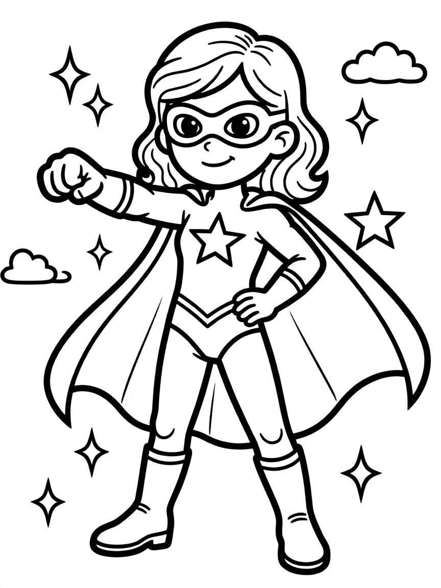 Camila Cabello dressed as a superhero, ready to save the day – a fun and kid-friendly coloring page.