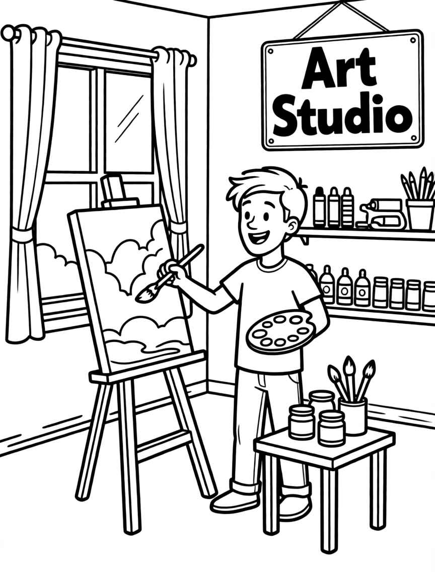 MrBeast painting a picture at an art studio – a fun and kid-friendly coloring page.