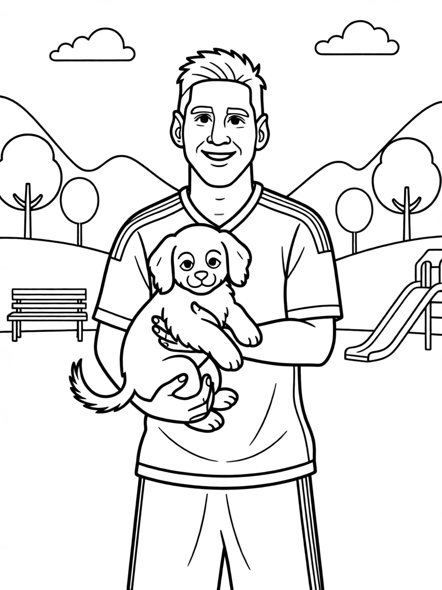 Lionel Messi smiling and holding a puppy with a park background – a fun and kid-friendly coloring page.