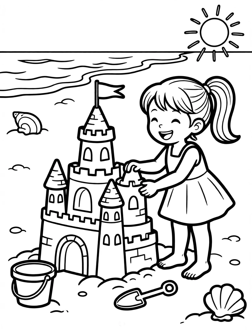 Dua Lipa building a sandcastle at the beach – a fun and kid-friendly coloring page.