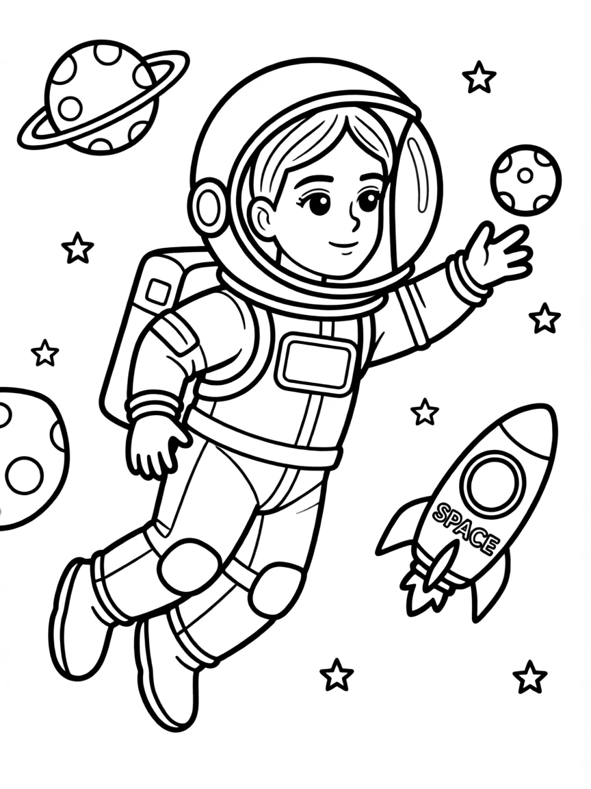 Millie Bobby Brown exploring space in an astronaut suit – a fun and kid-friendly coloring page.