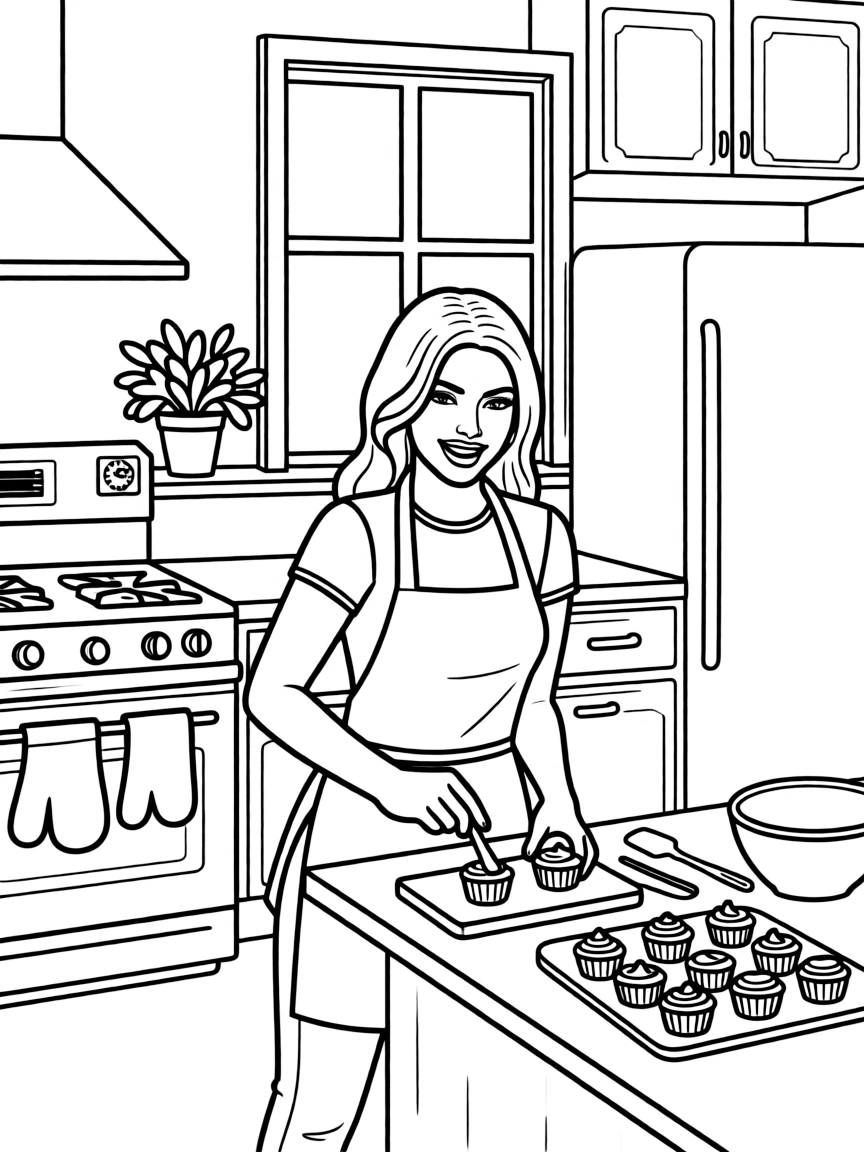 Kylie Jenner baking cupcakes in a colorful kitchen – a fun and kid-friendly coloring page.
