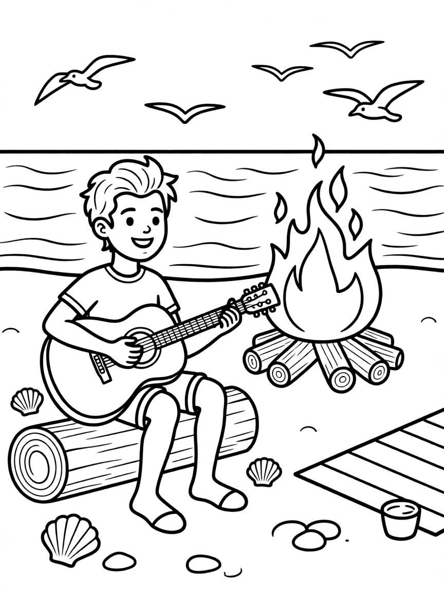 Harry Styles playing guitar at a beach bonfire – a fun and kid-friendly coloring page.