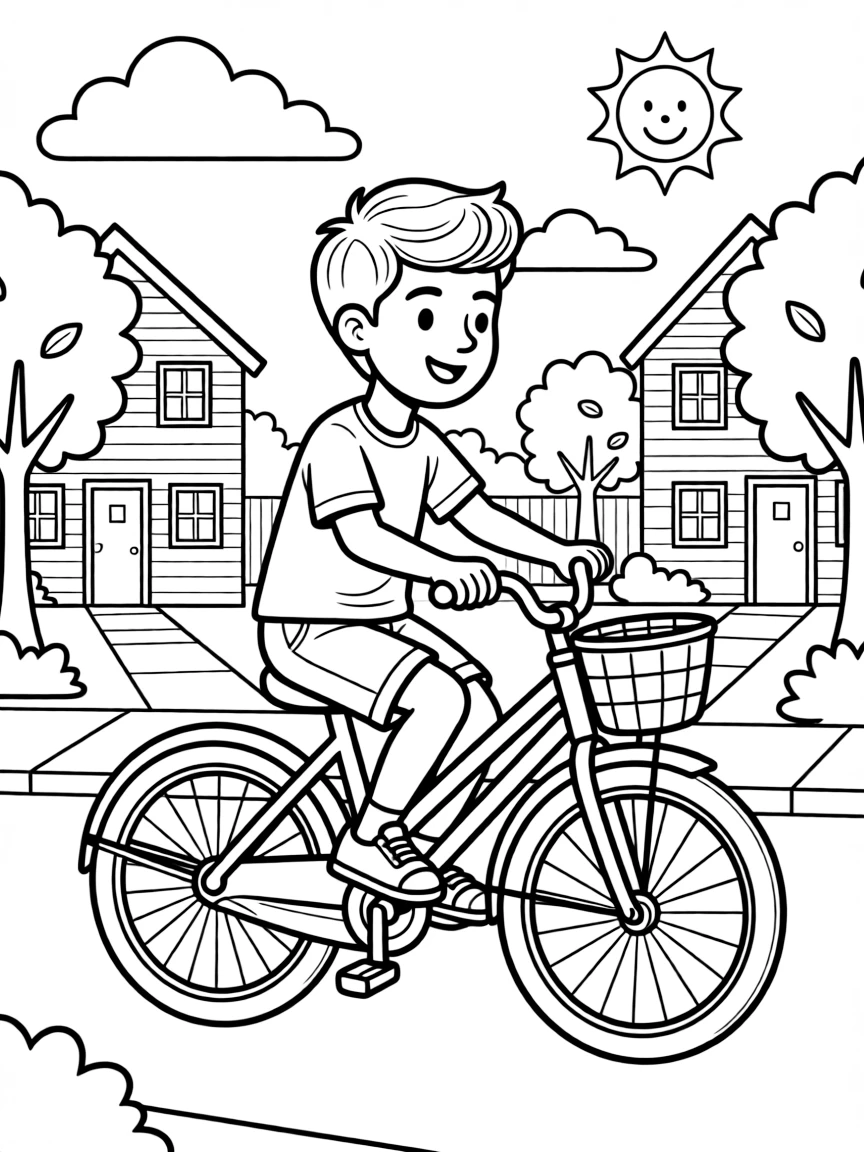 Justin Bieber riding a bicycle through a sunny neighborhood – a fun and kid-friendly coloring page.