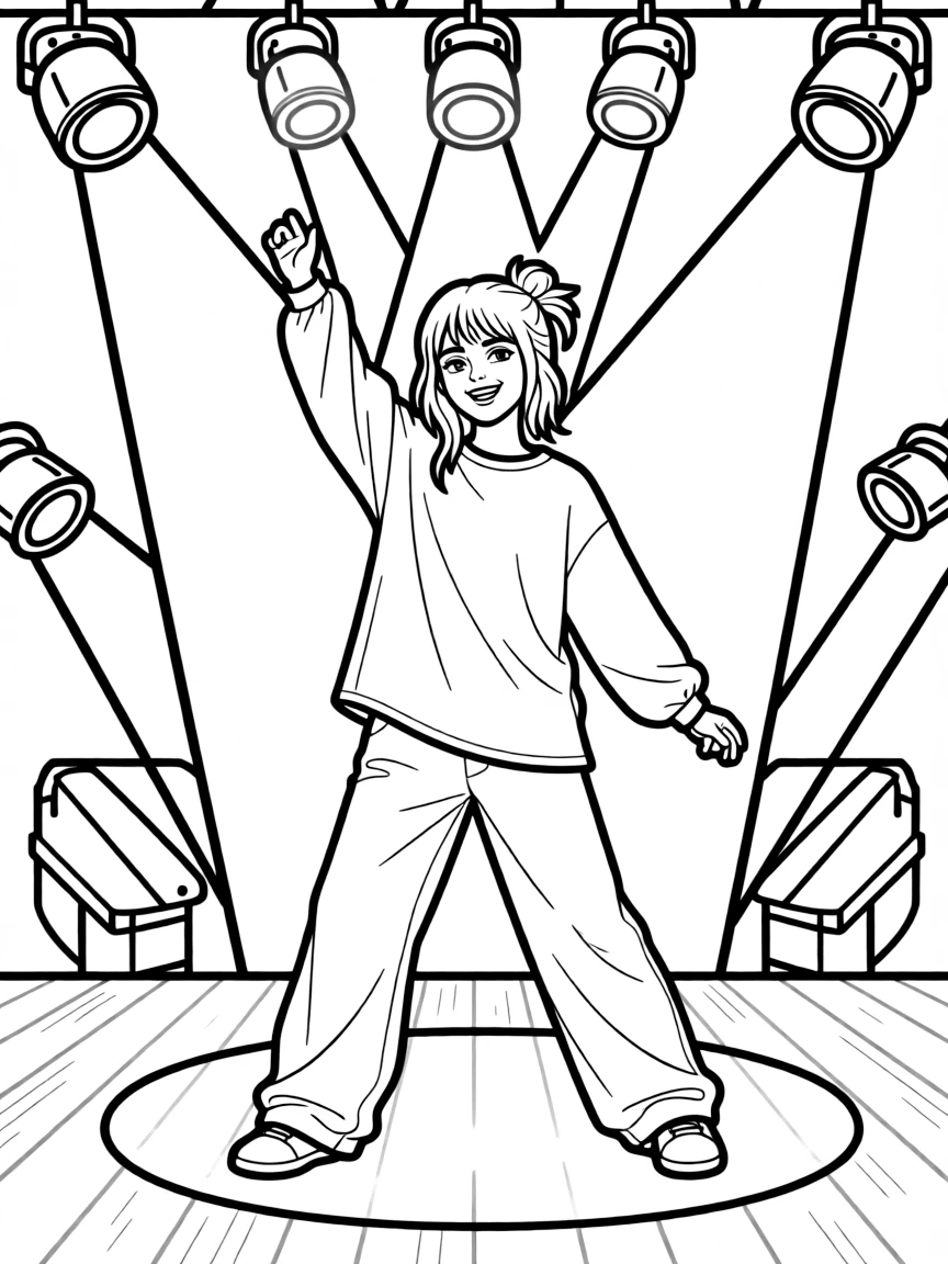 Billie Eilish dancing on a stage with spotlights and fun outfits – a fun and kid-friendly coloring page.