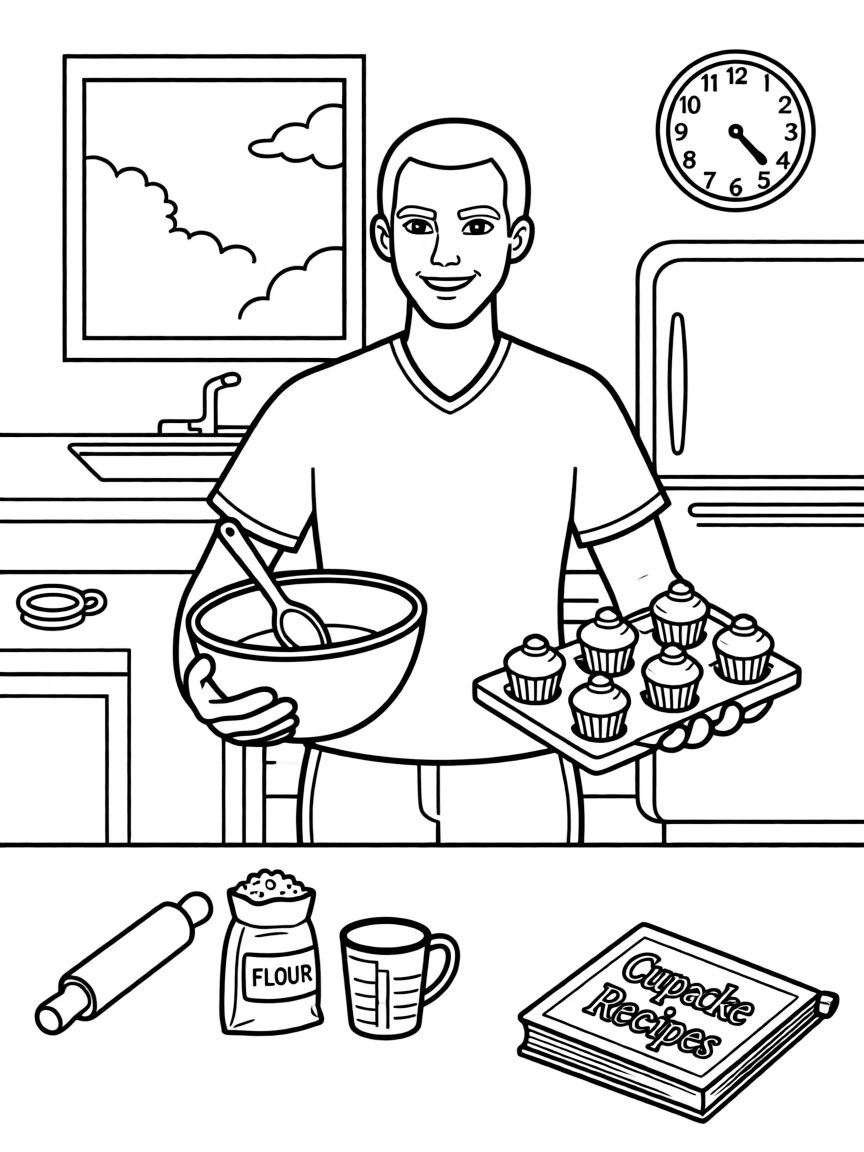Michael Jordan baking cupcakes in a colorful kitchen – a fun and kid-friendly coloring page.