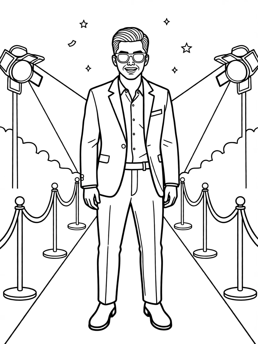Bruno Mars posing with sunglasses and a cool outfit on the red carpet – a fun and kid-friendly coloring page.