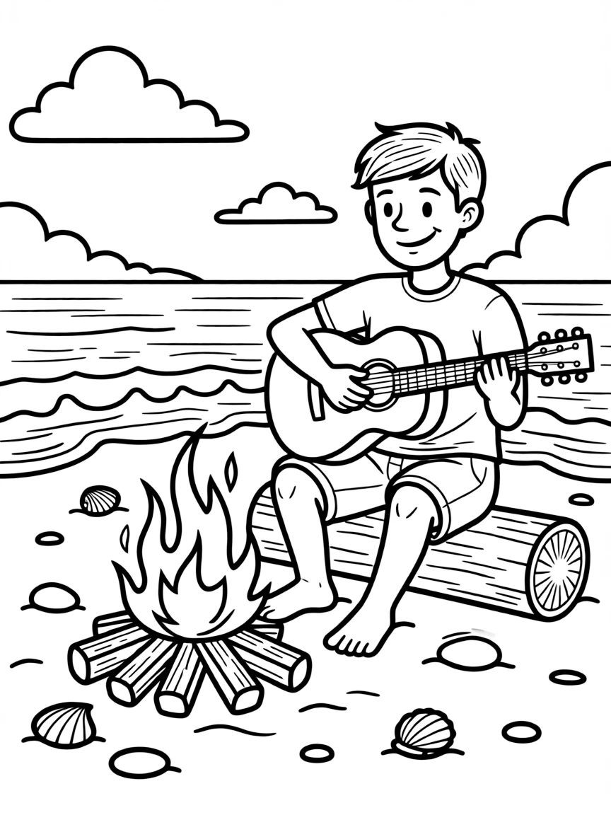 Dwayne Johnson playing guitar at a beach bonfire – a fun and kid-friendly coloring page.