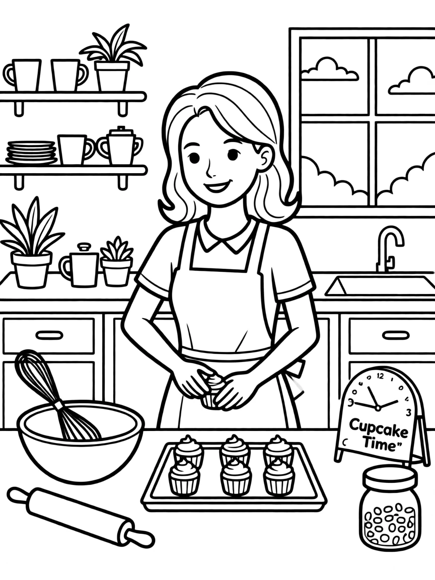 Blake Lively baking cupcakes in a colorful kitchen – a fun and kid-friendly coloring page.