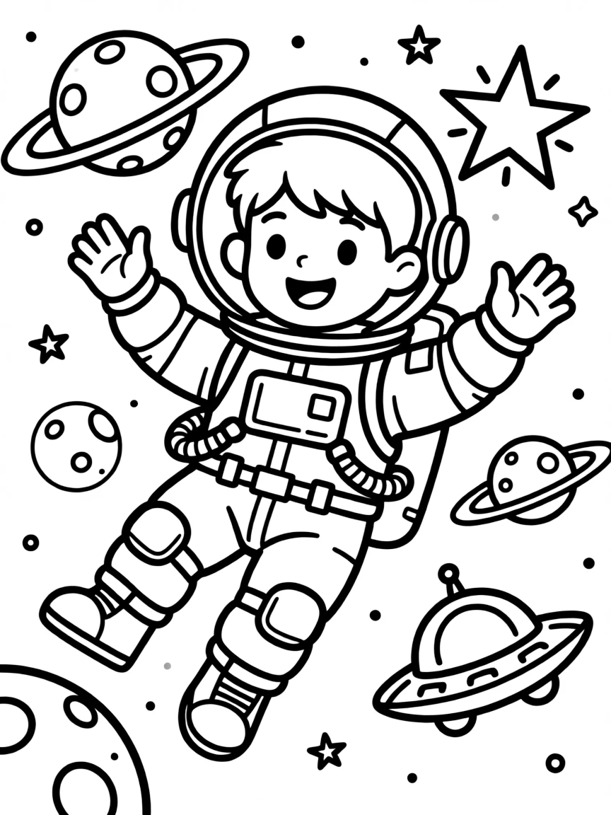 Timothée Chalamet exploring space in an astronaut suit – a fun and kid-friendly coloring page.