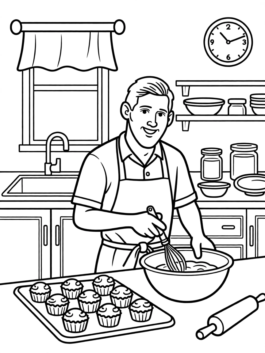 Lionel Messi baking cupcakes in a colorful kitchen – a fun and kid-friendly coloring page.