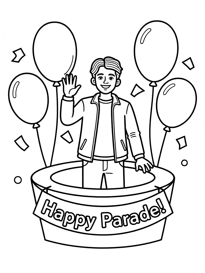 Zayn Malik waving from a parade float with balloons and confetti – a fun and kid-friendly coloring page.