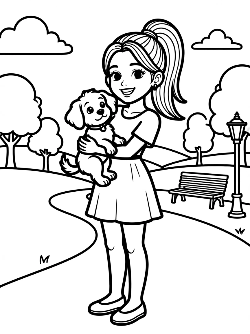 Ariana Grande smiling and holding a puppy with a park background – a fun and kid-friendly coloring page.