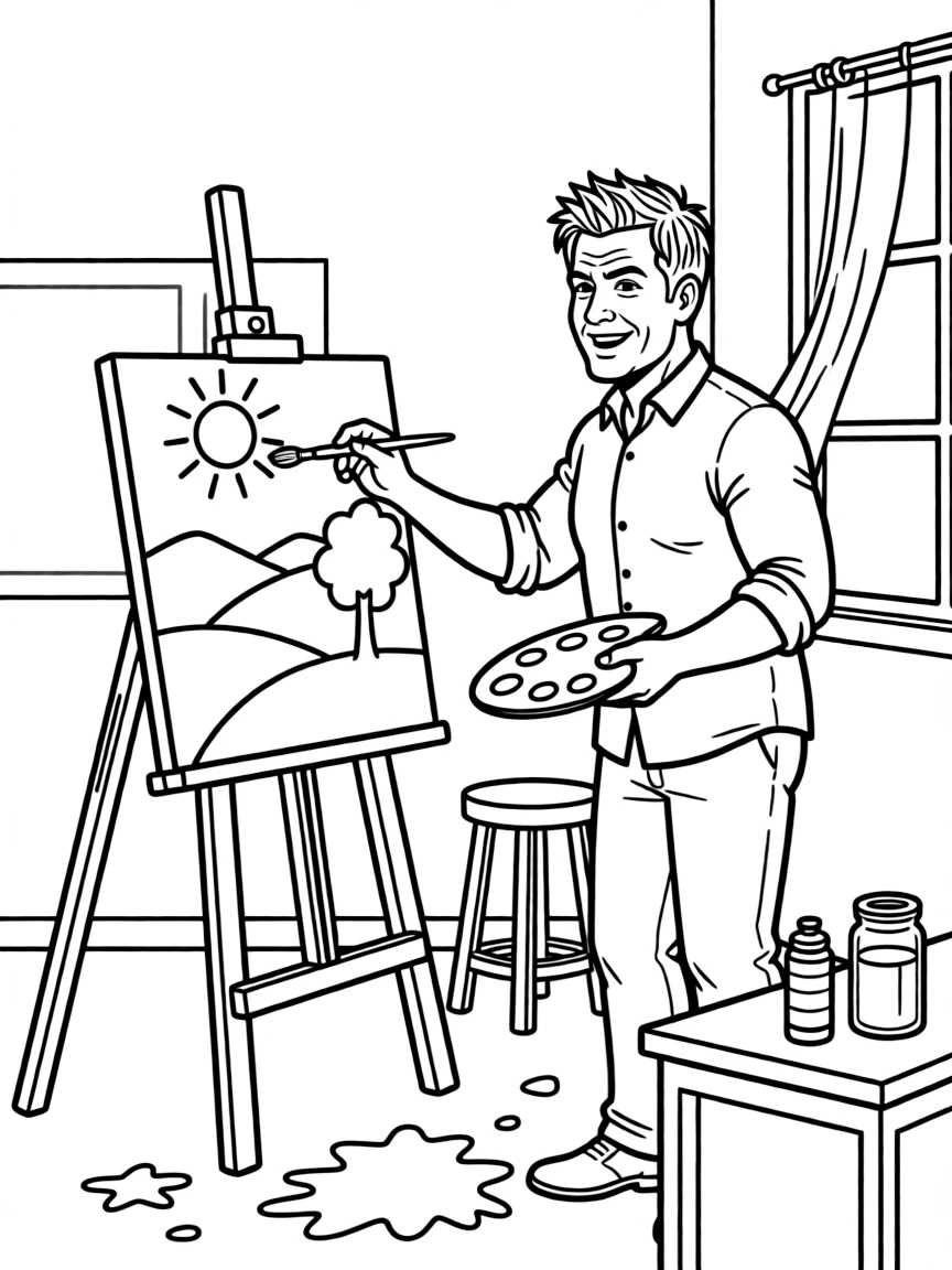 Gordon Ramsay painting a picture at an art studio – a fun and kid-friendly coloring page.