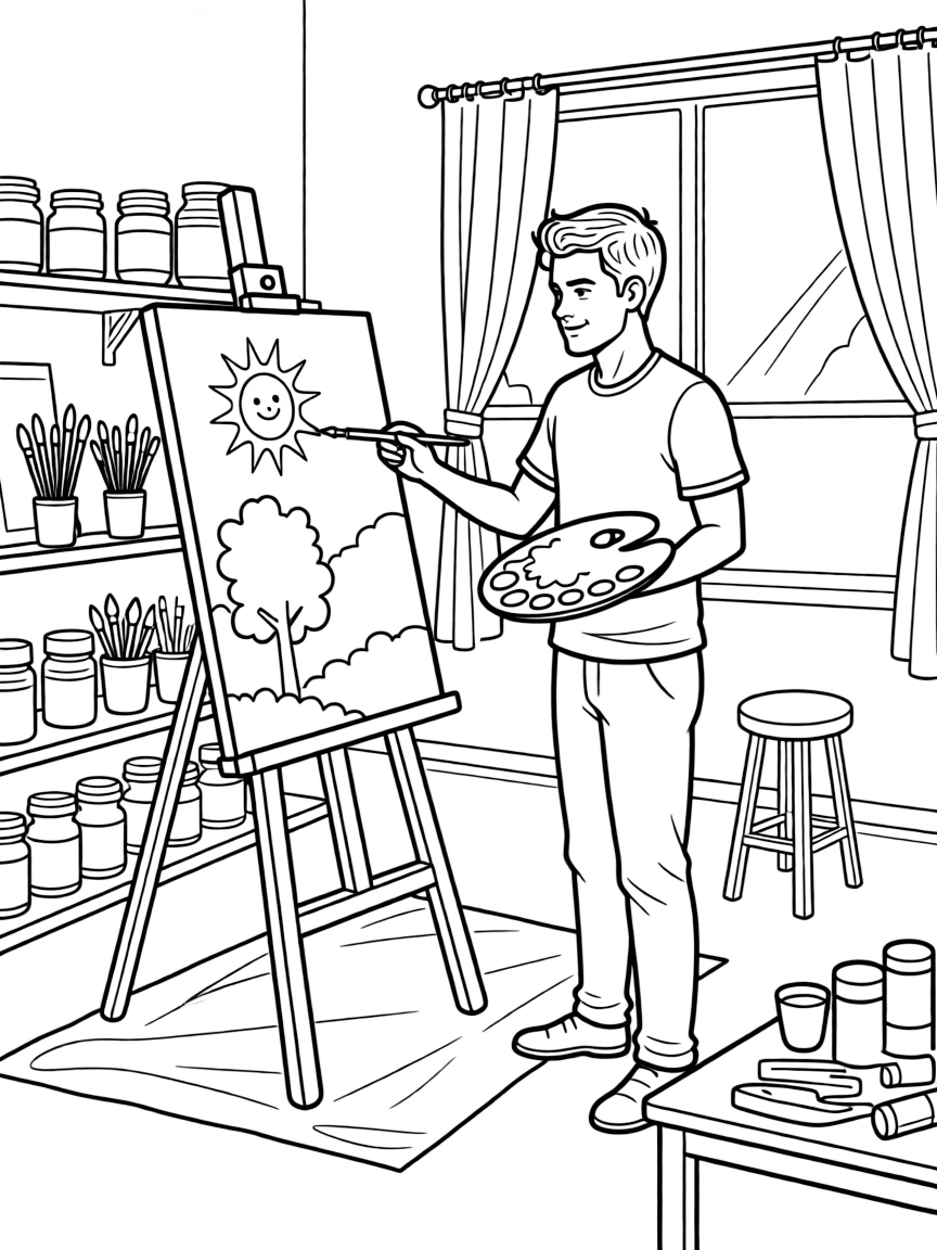 Taylor Lautner painting a picture at an art studio – a fun and kid-friendly coloring page.