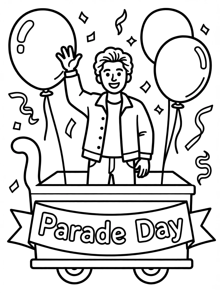Bruno Mars waving from a parade float with balloons and confetti – a fun and kid-friendly coloring page.