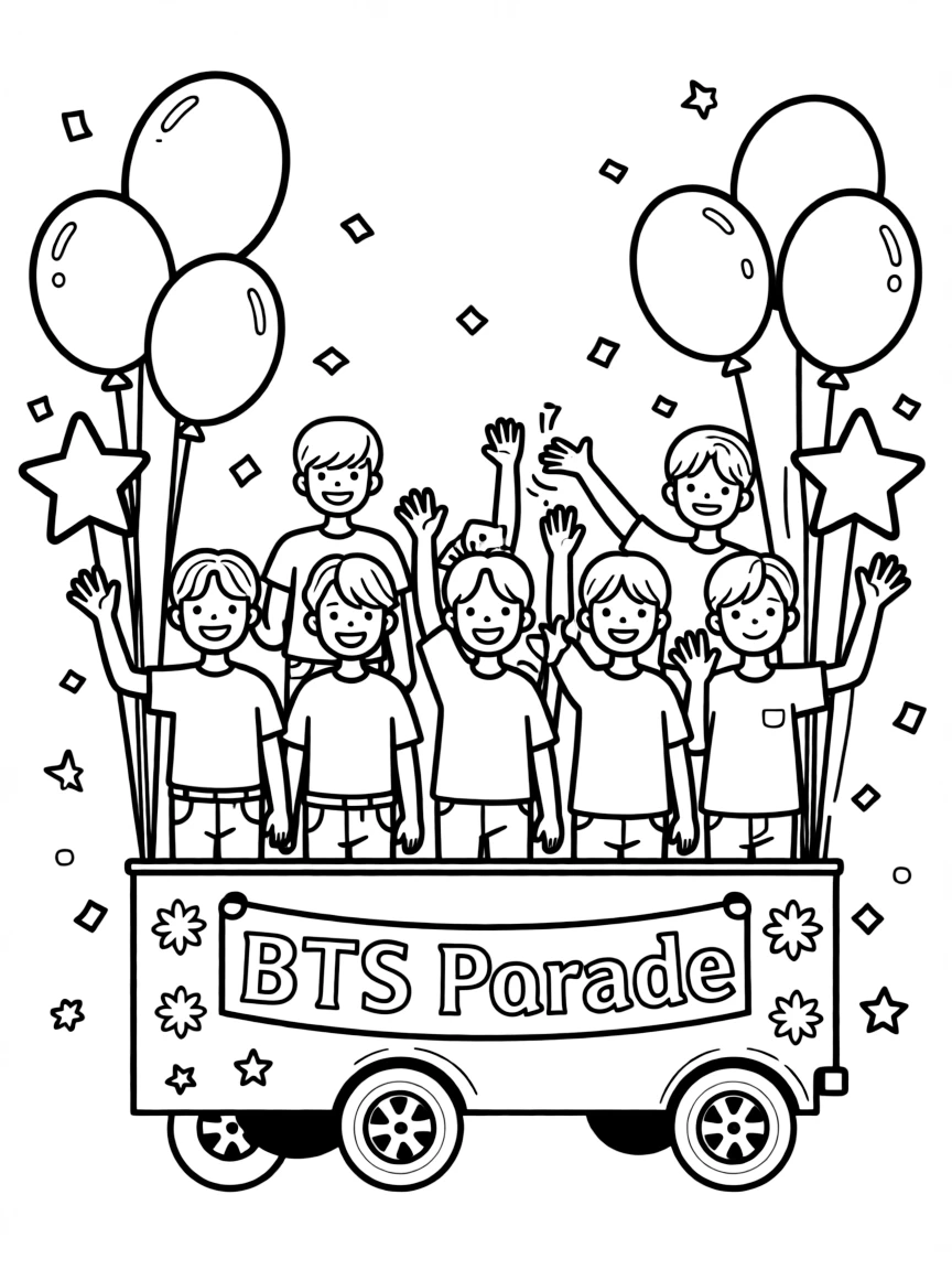 BTS Members waving from a parade float with balloons and confetti – a fun and kid-friendly coloring page.