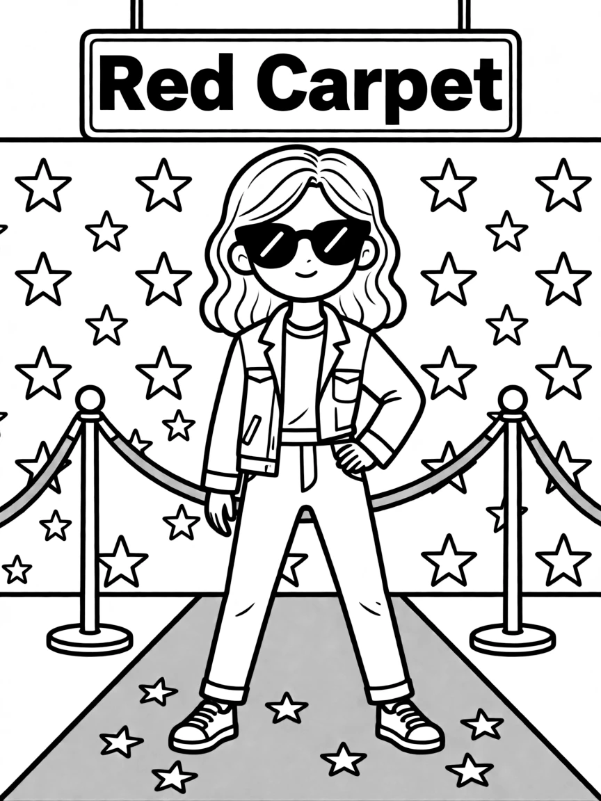 Zendaya posing with sunglasses and a cool outfit on the red carpet – a fun and kid-friendly coloring page.