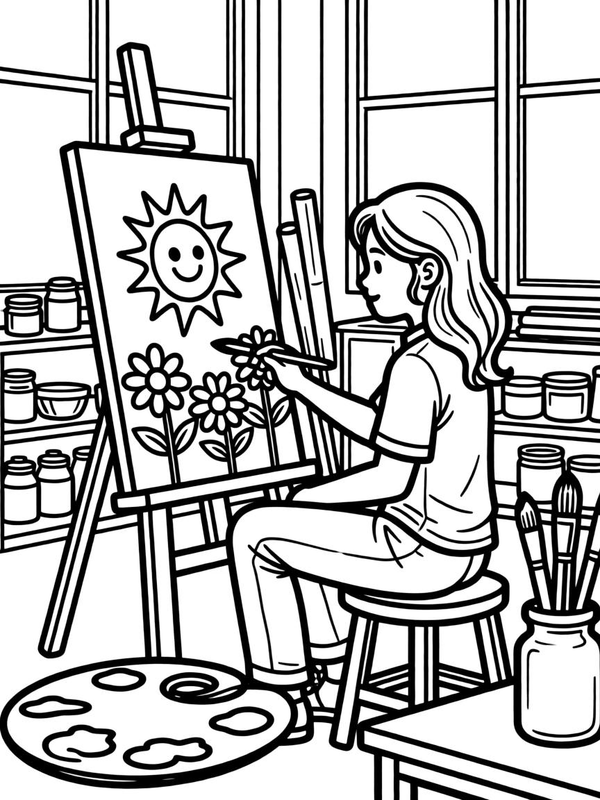 Dua Lipa painting a picture at an art studio – a fun and kid-friendly coloring page.