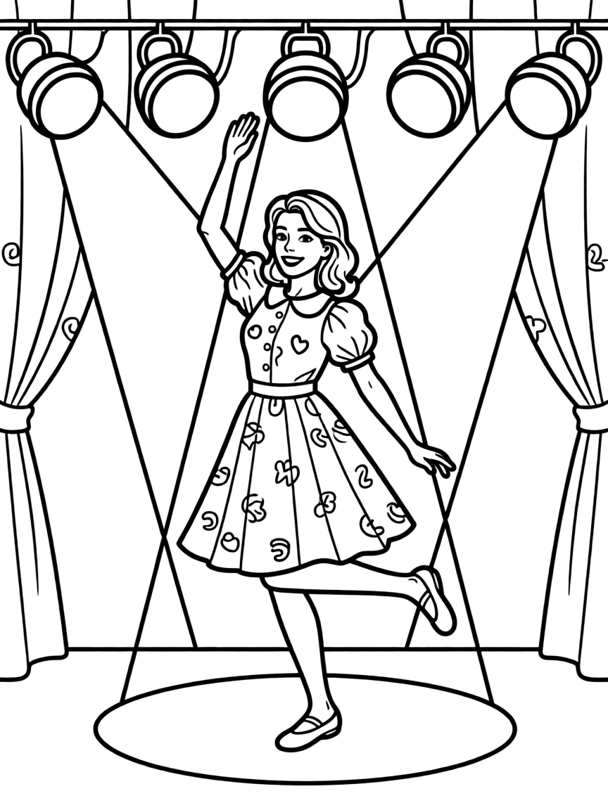 Anne Hathaway dancing on a stage with spotlights and fun outfits – a fun and kid-friendly coloring page.