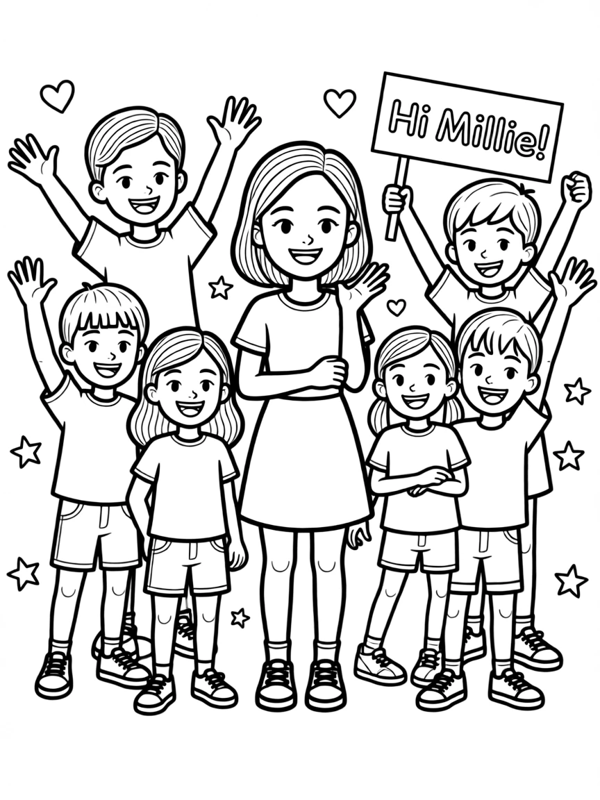 Millie Bobby Brown posing with cartoon versions of their fans – a fun and kid-friendly coloring page.