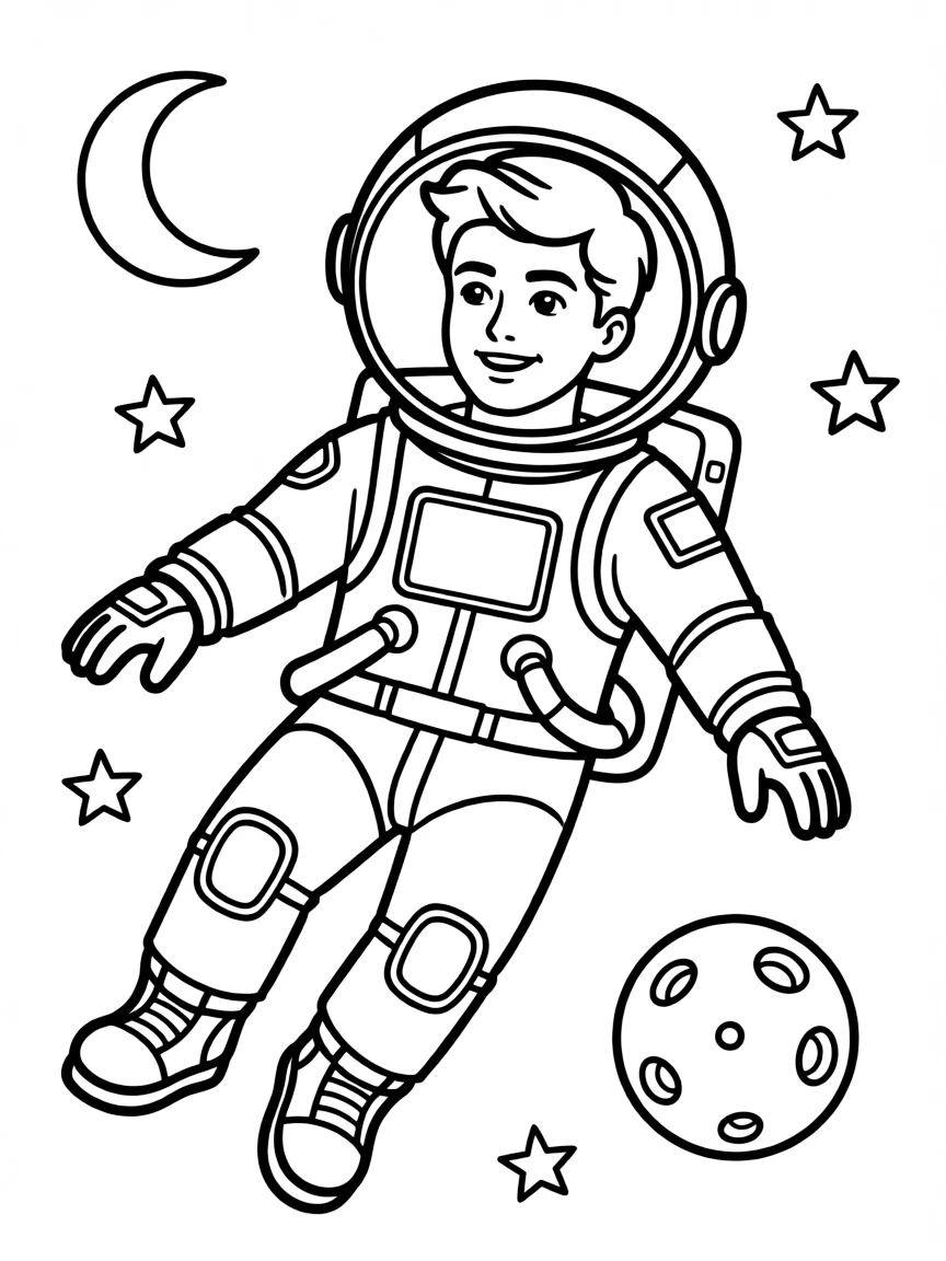 Taylor Lautner exploring space in an astronaut suit – a fun and kid-friendly coloring page.
