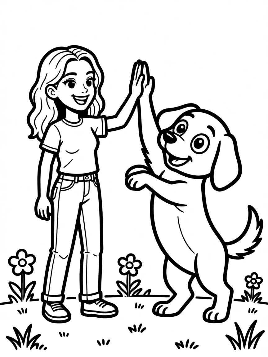 Rihanna giving a high five to a cartoon animal friend – a fun and kid-friendly coloring page.