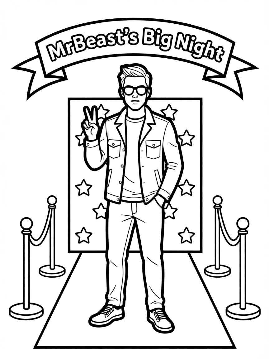 MrBeast posing with sunglasses and a cool outfit on the red carpet – a fun and kid-friendly coloring page.