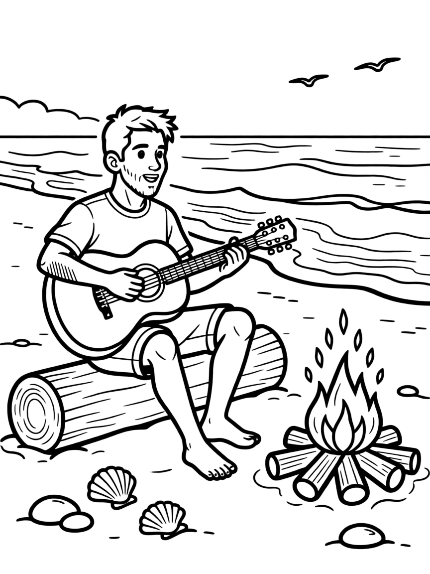 Lionel Messi playing guitar at a beach bonfire – a fun and kid-friendly coloring page.