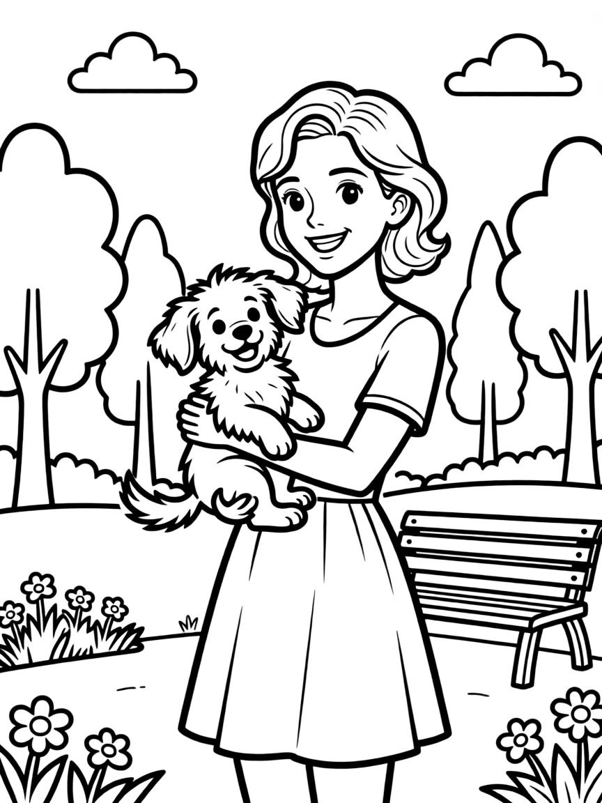 Lady Gaga smiling and holding a puppy with a park background – a fun and kid-friendly coloring page.