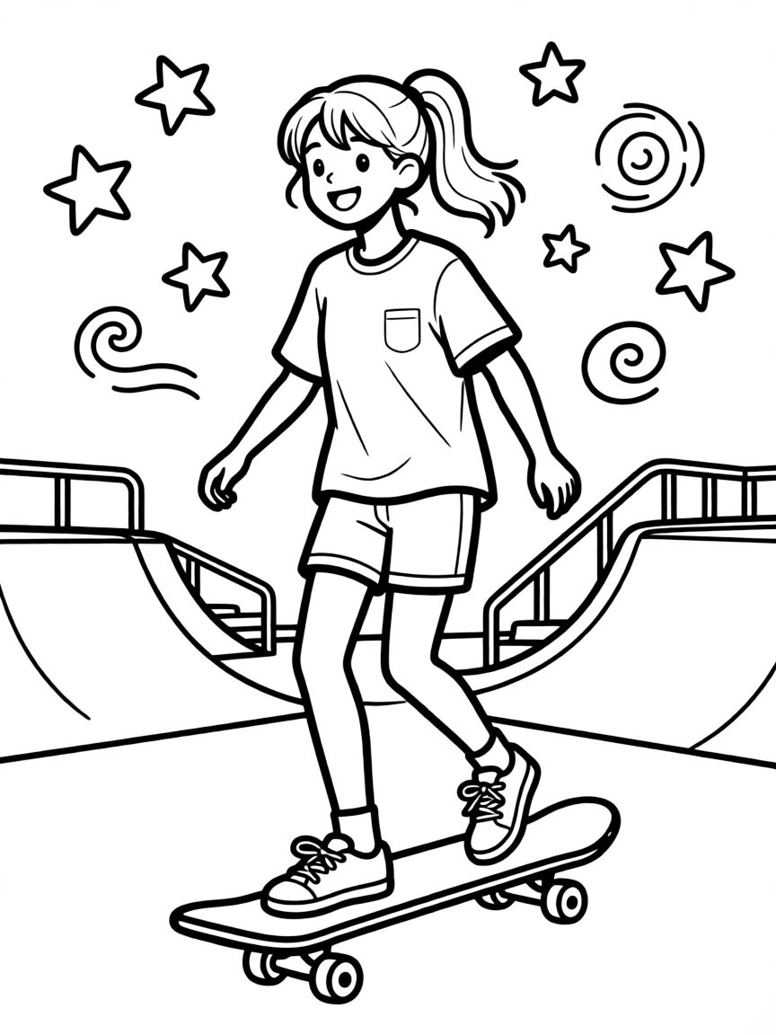 Lady Gaga skateboarding at a skate park with stars and swirls around – a fun and kid-friendly coloring page.