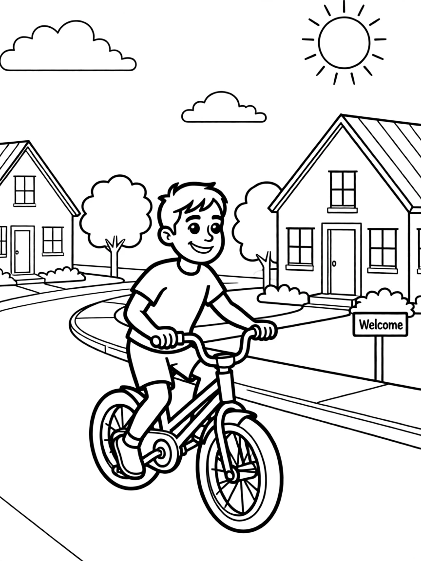 Tom Holland riding a bicycle through a sunny neighborhood – a fun and kid-friendly coloring page.