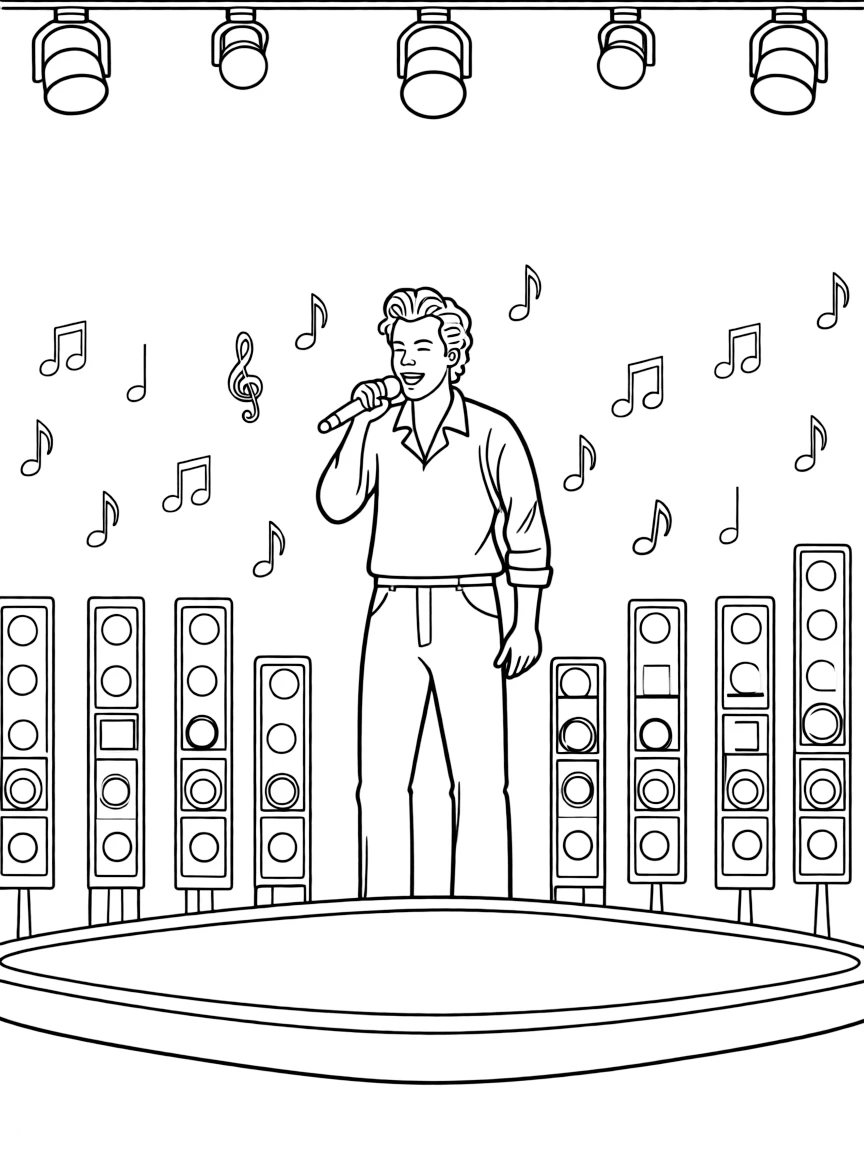 Harry Styles singing on a big concert stage with musical notes and lights – a fun and kid-friendly coloring page.