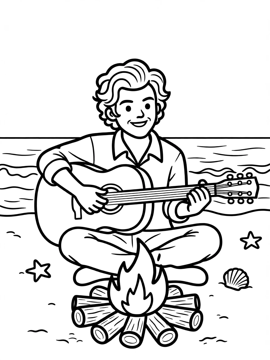 Harry Styles playing guitar at a beach bonfire – a fun and kid-friendly coloring page.
