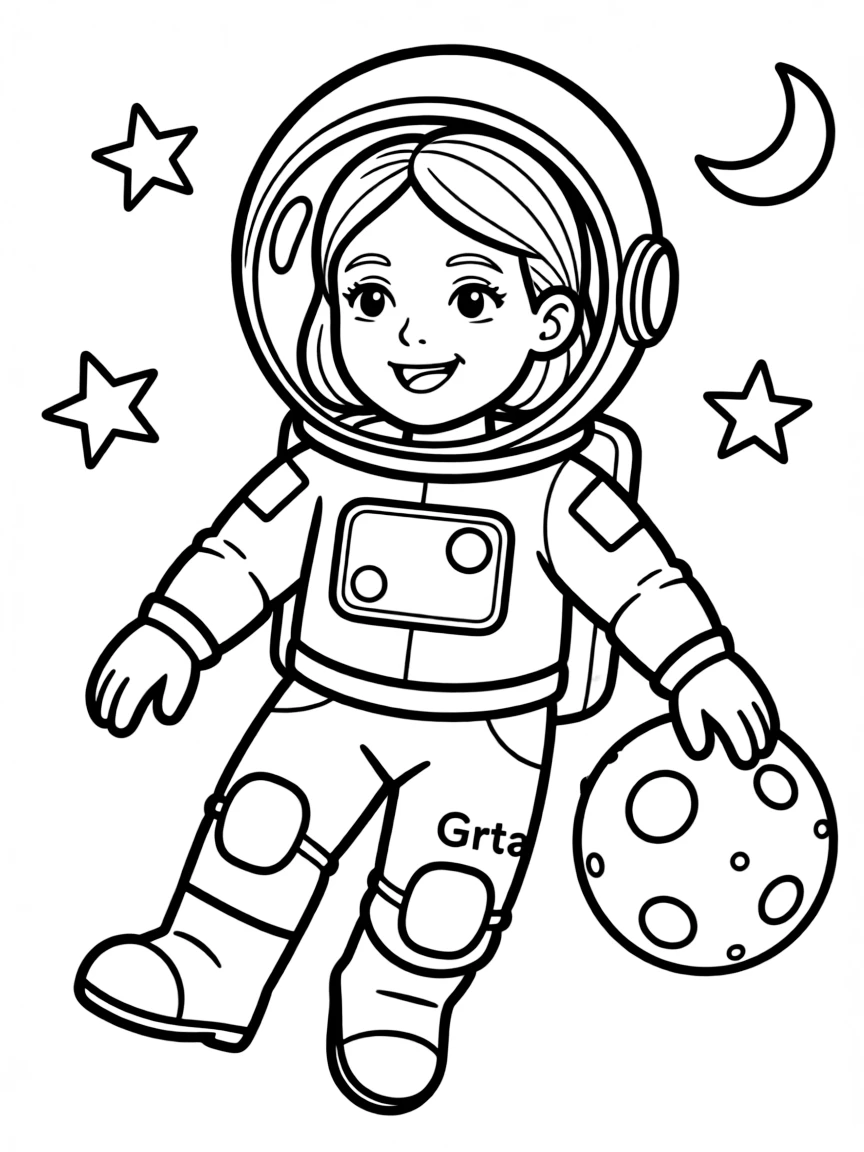 Greta Thunberg exploring space in an astronaut suit – a fun and kid-friendly coloring page.