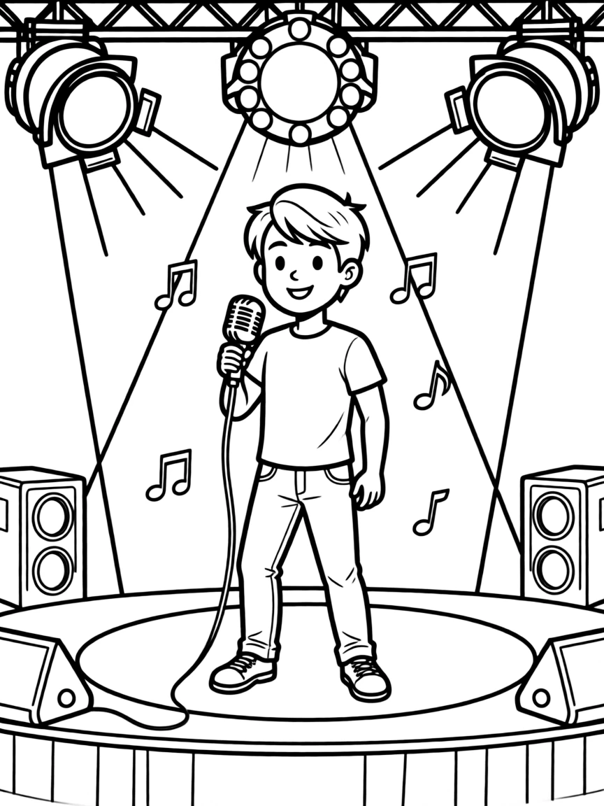 Bruno Mars singing on a big concert stage with musical notes and lights – a fun and kid-friendly coloring page.