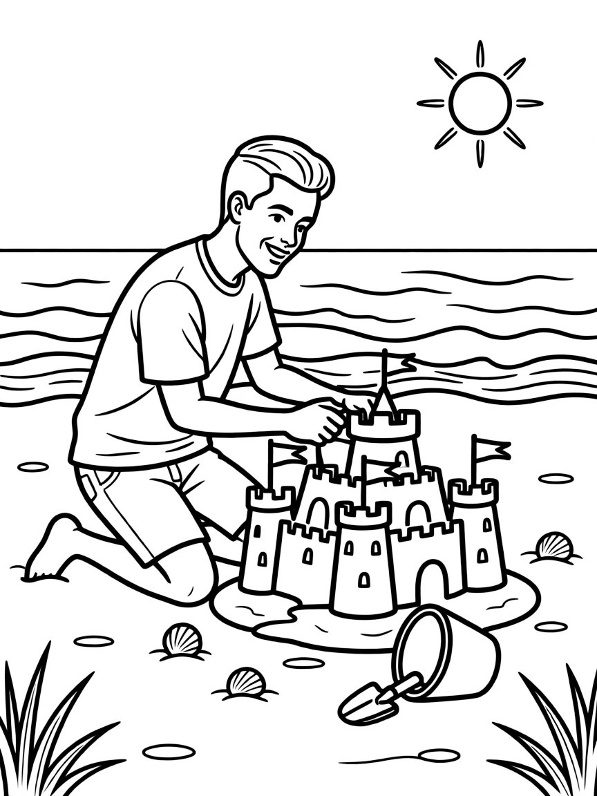 Post Malone building a sandcastle at the beach – a fun and kid-friendly coloring page.