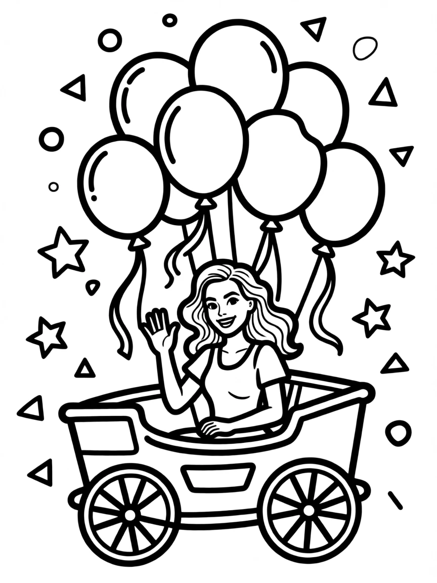 Angelina Jolie waving from a parade float with balloons and confetti – a fun and kid-friendly coloring page.