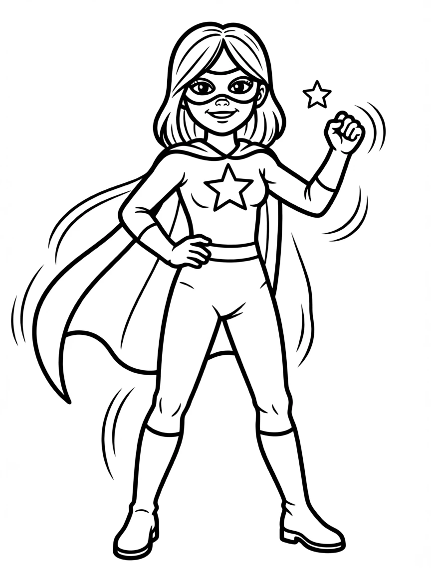 Selena Gomez dressed as a superhero, ready to save the day – a fun and kid-friendly coloring page.