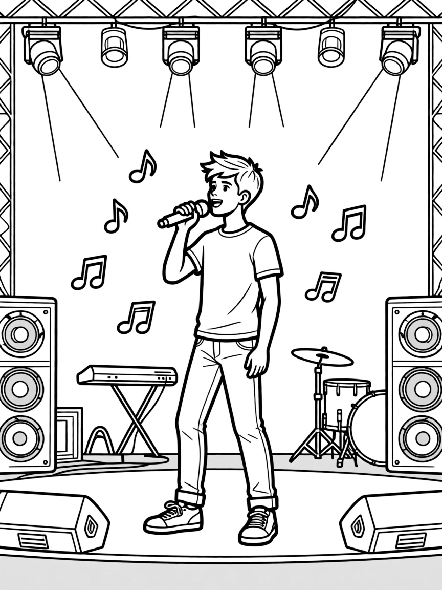 Justin Bieber singing on a big concert stage with musical notes and lights – a fun and kid-friendly coloring page.