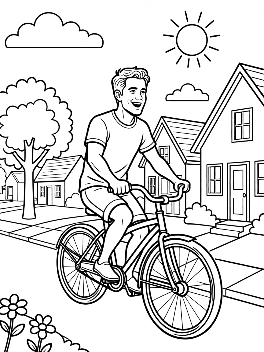 Ryan Reynolds riding a bicycle through a sunny neighborhood – a fun and kid-friendly coloring page.